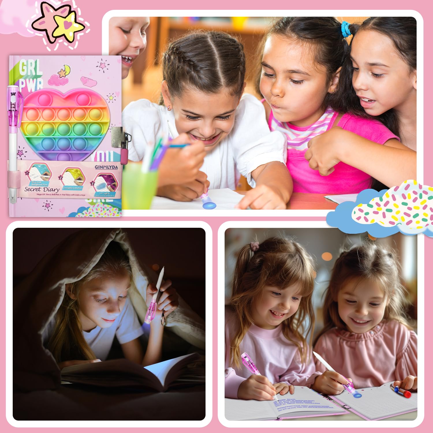 GINMLYDA Pop Fidget Heart Diary with Lock and Invisible Ink Pen - 160 Lined Pages, 7.5x5.4 Inches - Secret Journal for Girls Ages 6-12