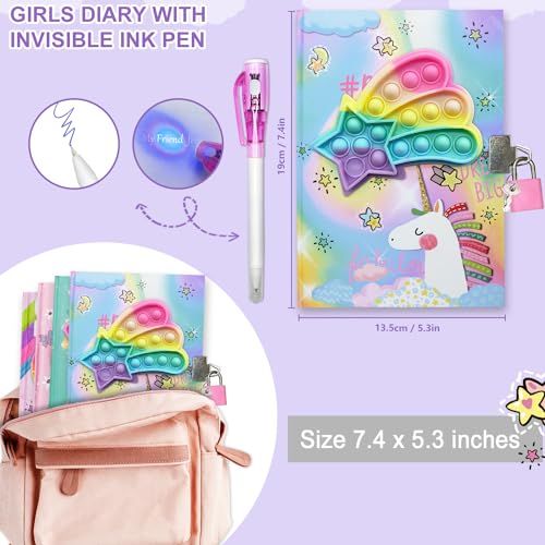 GINMLYDA Pop Fidget Unicorn Diary with Lock and Invisible Ink Pen – 160 Lined Pages, 7.5x5.4 Inches, Secret Journal for Girls Ages 5-10