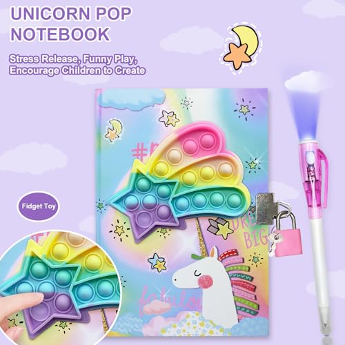 GINMLYDA Pop Fidget Unicorn Diary with Lock and Invisible Ink Pen – 160 Lined Pages, 7.5x5.4 Inches, Secret Journal for Girls Ages 5-10