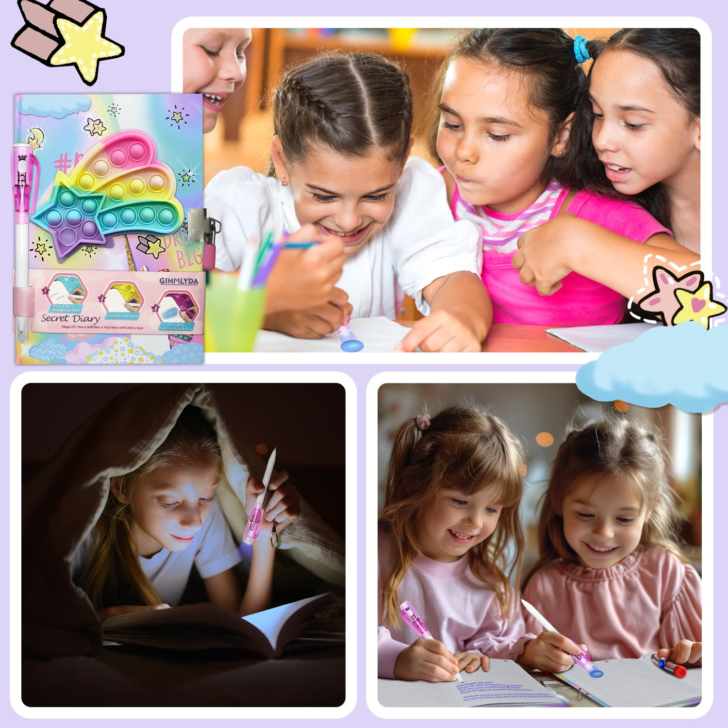 GINMLYDA Pop Fidget Unicorn Diary with Lock and Invisible Ink Pen – 160 Lined Pages, 7.5x5.4 Inches, Secret Journal for Girls Ages 5-10