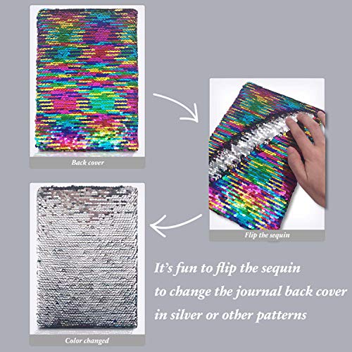 GINMLYDA Sequin Girls Journal 8.5x5.5 Inches 160 Lined Pages Reversible Unicorn Diary for Kids (Rainbow-Silver)