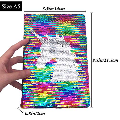 GINMLYDA Sequin Girls Journal 8.5x5.5 Inches 160 Lined Pages Reversible Unicorn Diary for Kids (Rainbow-Silver)