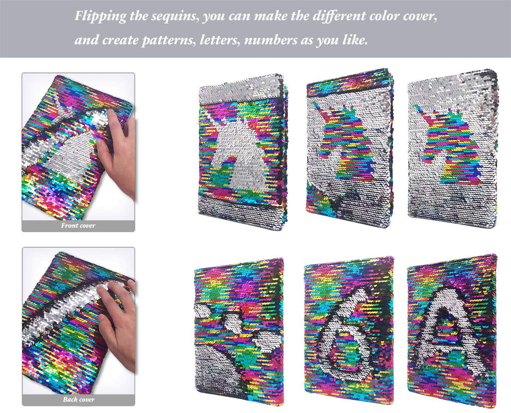 GINMLYDA Sequin Girls Journal 8.5x5.5 Inches 160 Lined Pages Reversible Unicorn Diary for Kids (Rainbow-Silver)