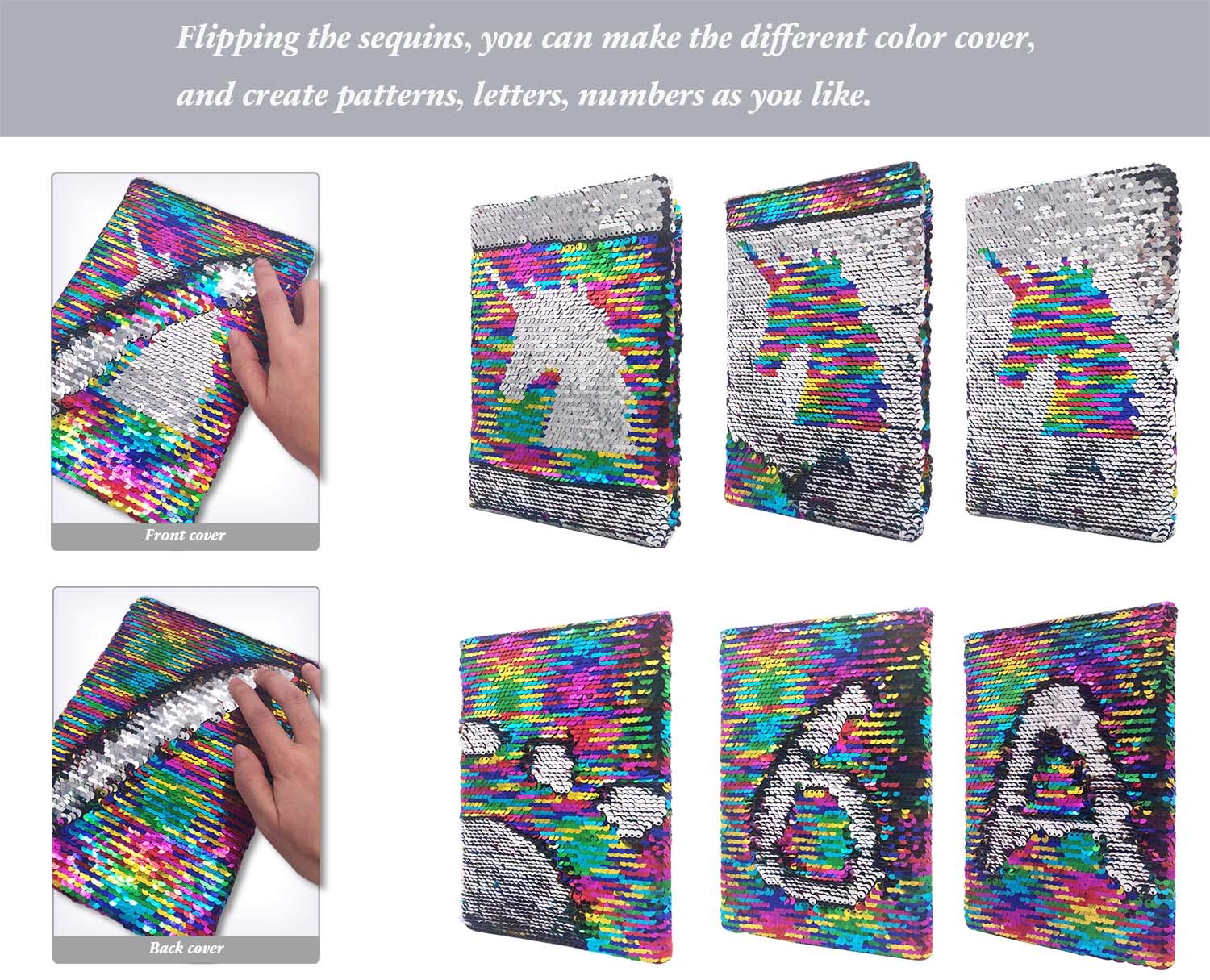 GINMLYDA Sequin Girls Journal 8.5x5.5 Inches 160 Lined Pages Reversible Unicorn Diary for Kids (Rainbow-Silver)