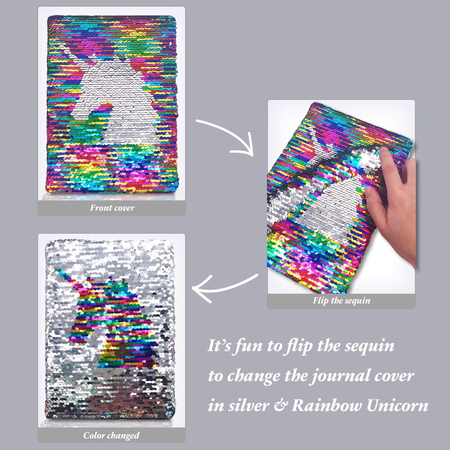 GINMLYDA Sequin Girls Journal 8.5x5.5 Inches 160 Lined Pages Reversible Unicorn Diary for Kids (Rainbow-Silver)