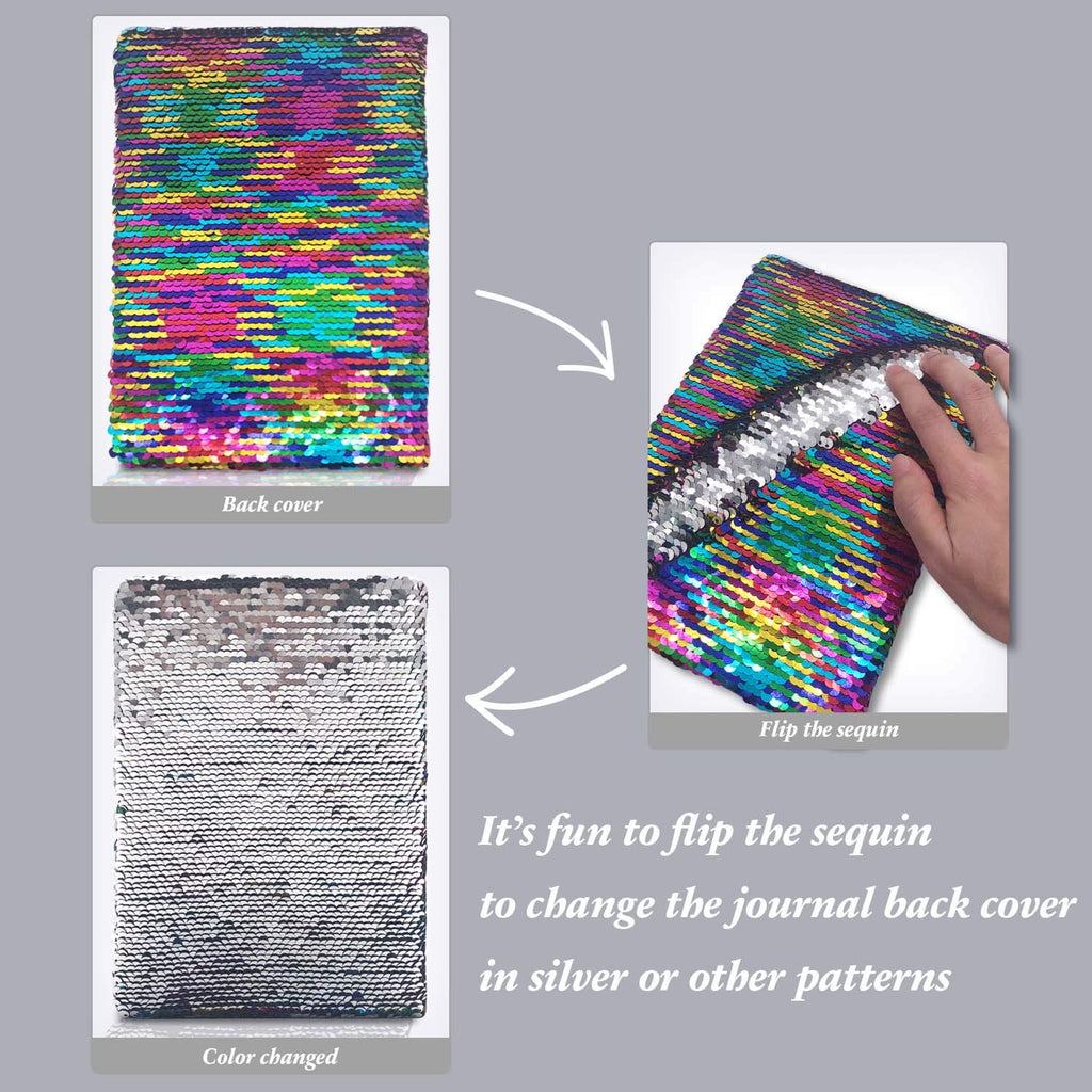 GINMLYDA Sequin Girls Journal 8.5x5.5 Inches 160 Lined Pages Reversible Unicorn Diary for Kids (Rainbow-Silver)