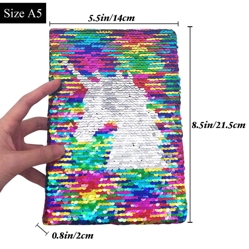 GINMLYDA Sequin Girls Journal 8.5x5.5 Inches 160 Lined Pages Reversible Unicorn Diary for Kids (Rainbow-Silver)