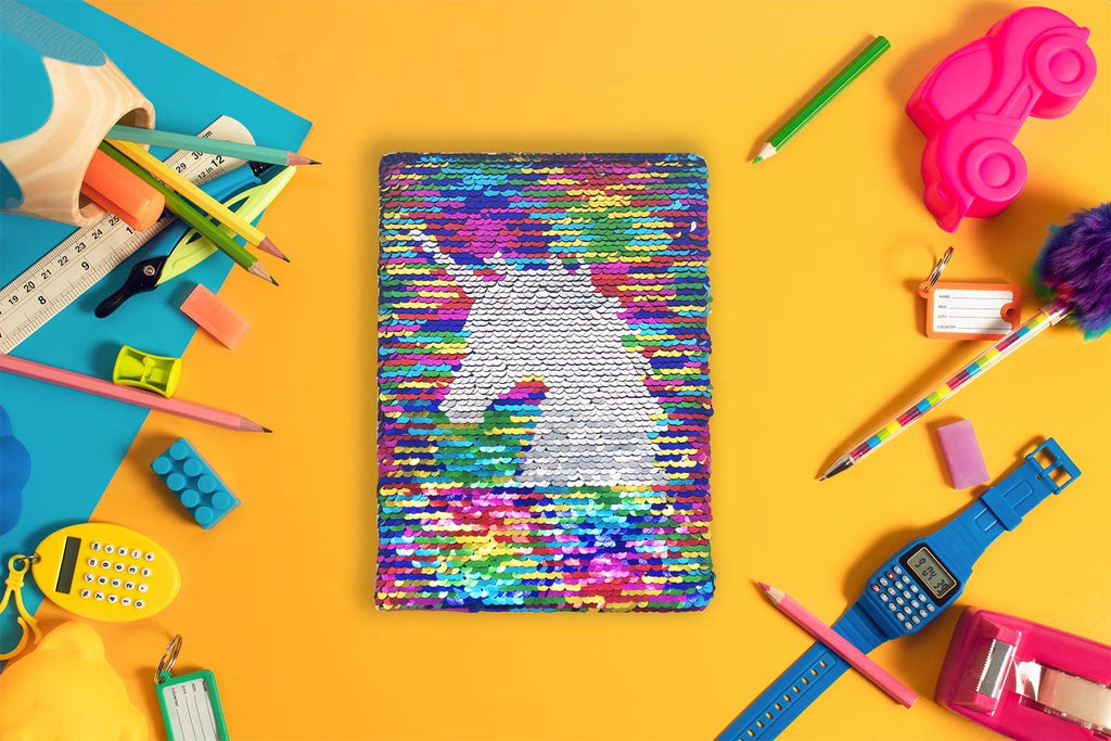 GINMLYDA Sequin Girls Journal 8.5x5.5 Inches 160 Lined Pages Reversible Unicorn Diary for Kids (Rainbow-Silver)