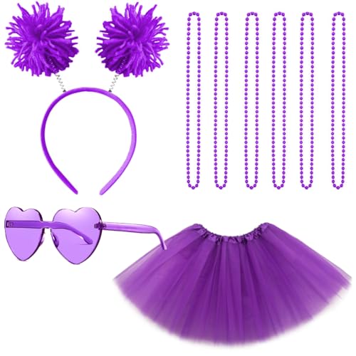 Gionforsy Women's Spirit Day Accessories Set – Tutu Dress, Pom Pom Headband, Sunglasses & 5 Necklaces