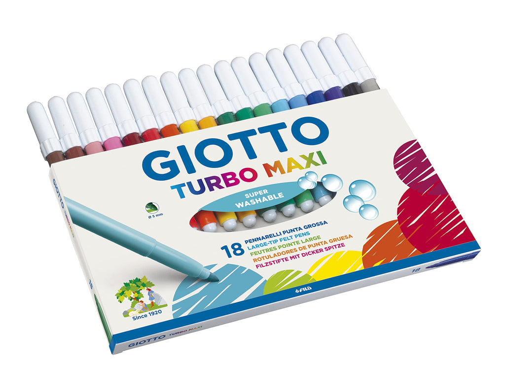 Giotto Turbo Maxi Felt Tip Pens – 18 Super Washable Colours with 5mm Nib for Kids