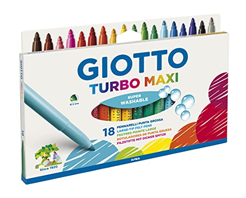 Giotto Turbo Maxi Felt Tip Pens – 18 Super Washable Colours with 5mm Nib for Kids