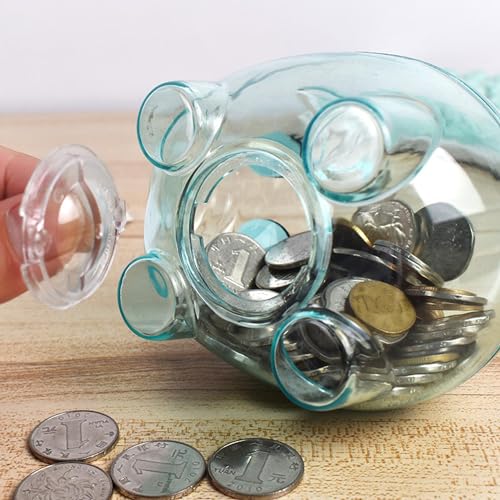 GIRCSS Blue Transparent Plastic Piggy Bank for Kids - Reusable Coin Jar, Gift for Birthday, Easter, Christmas