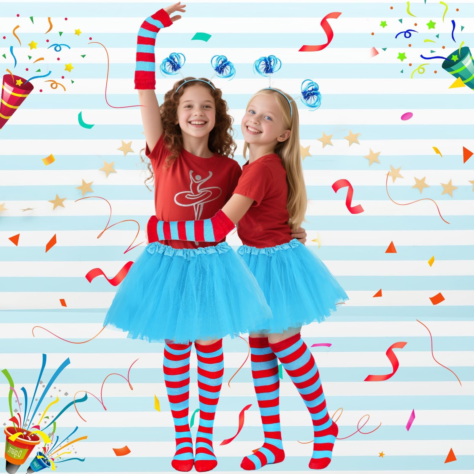 Girls Blue Tutu Skirt Costume Set with Ponytail Headband, Fingerless Gloves, and Knee-High Socks for Halloween