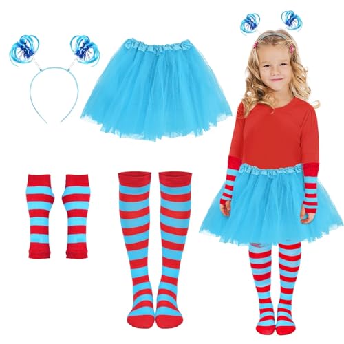 Girls Blue Tutu Skirt Costume Set with Ponytail Headband, Fingerless Gloves, and Knee-High Socks for Halloween
