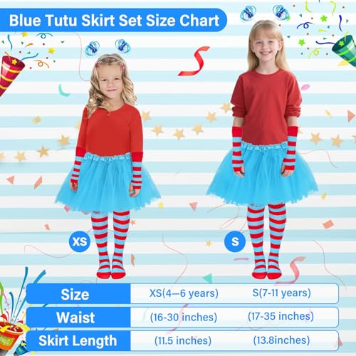 Girls Blue Tutu Skirt Costume Set with Ponytail Headband, Fingerless Gloves, and Knee-High Socks for Halloween