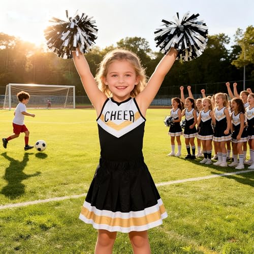 Girls Cheerleader Costume Set – Black & White Outfit with Pom Poms and Hair Bow for Halloween, Dress Up, and Cheerleading