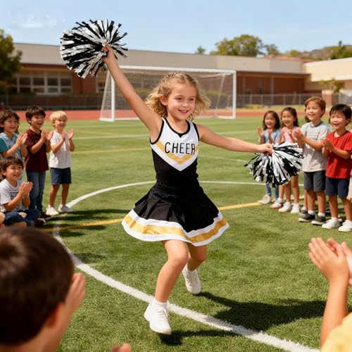 Girls Cheerleader Costume Set – Black & White Outfit with Pom Poms and Hair Bow for Halloween, Dress Up, and Cheerleading
