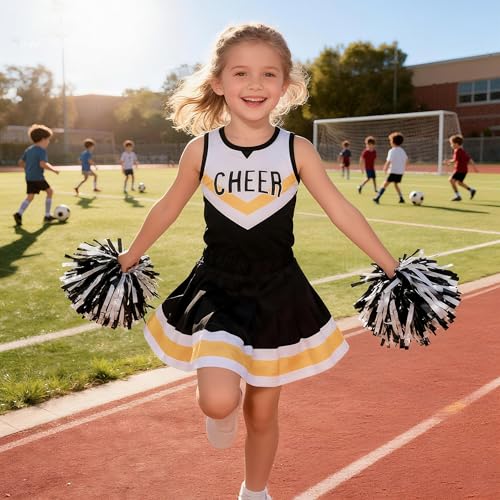 Girls Cheerleader Costume Set – Black & White Outfit with Pom Poms and Hair Bow for Halloween, Dress Up, and Cheerleading
