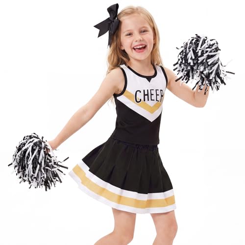 Girls Cheerleader Costume Set – Black & White Outfit with Pom Poms and Hair Bow for Halloween, Dress Up, and Cheerleading
