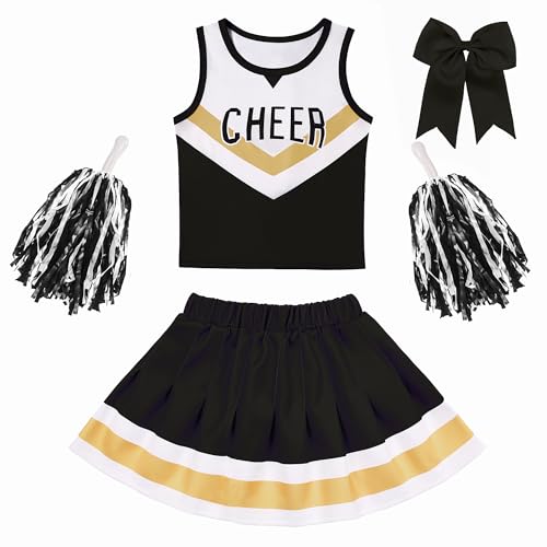 Girls Cheerleader Costume Set – Black & White Outfit with Pom Poms and Hair Bow for Halloween, Dress Up, and Cheerleading