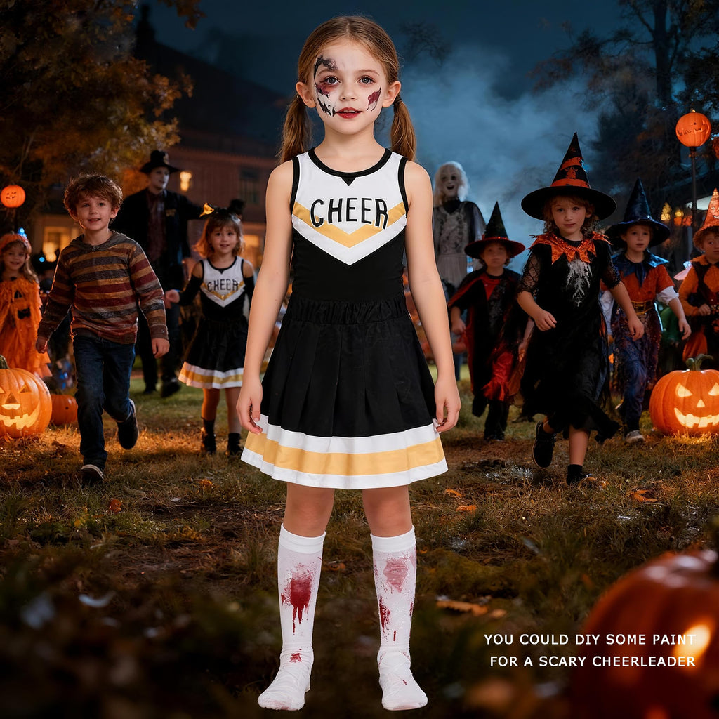 Girls Cheerleader Costume Set – Black & White Outfit with Pom Poms and Hair Bow for Halloween, Dress Up, and Cheerleading