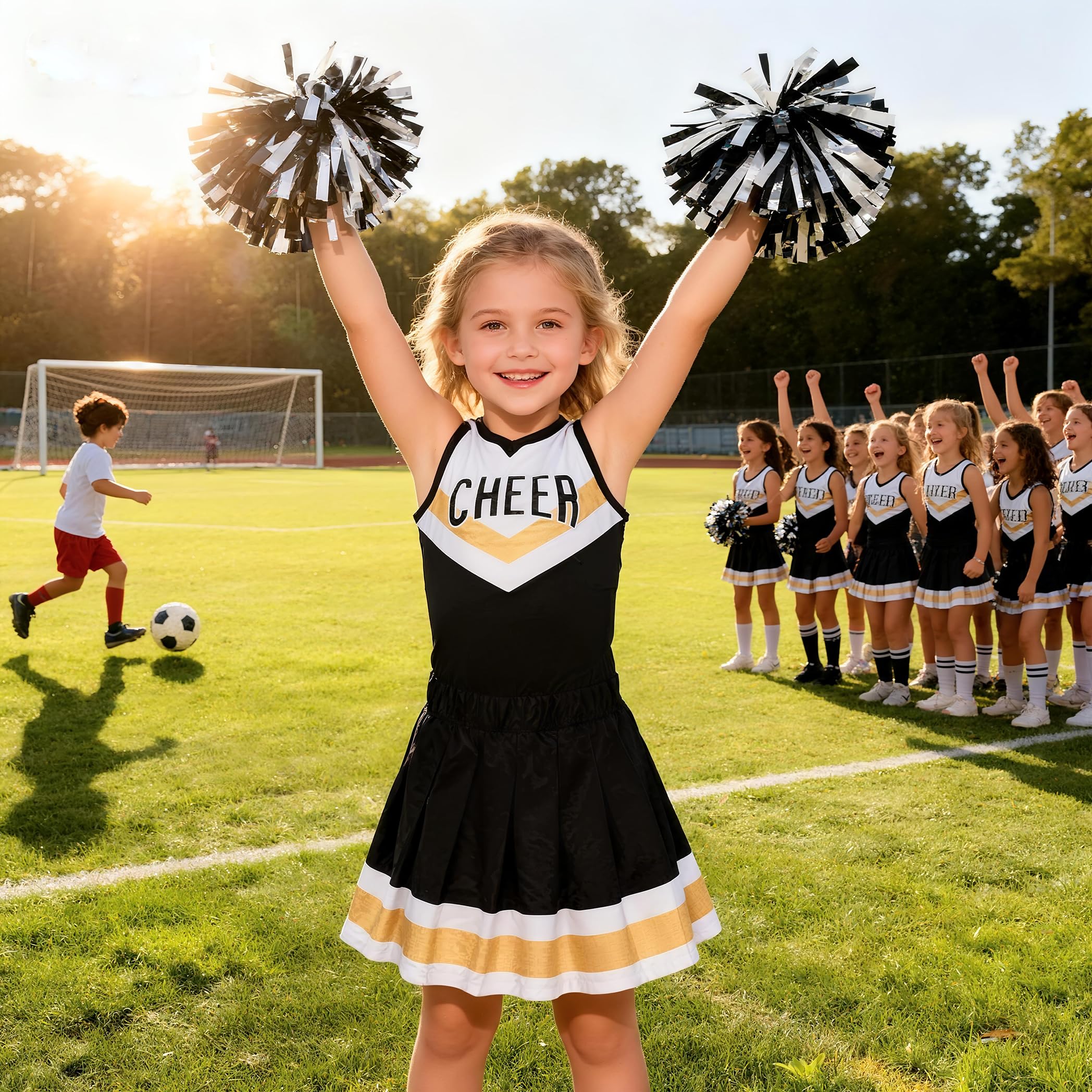 Girls Cheerleader Costume Set – Black & White Outfit with Pom Poms and Hair Bow for Halloween, Dress Up, and Cheerleading