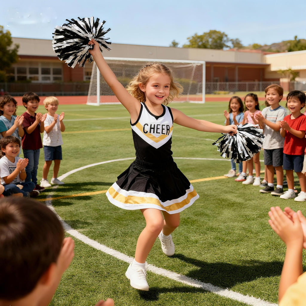 Girls Cheerleader Costume Set – Black & White Outfit with Pom Poms and Hair Bow for Halloween, Dress Up, and Cheerleading