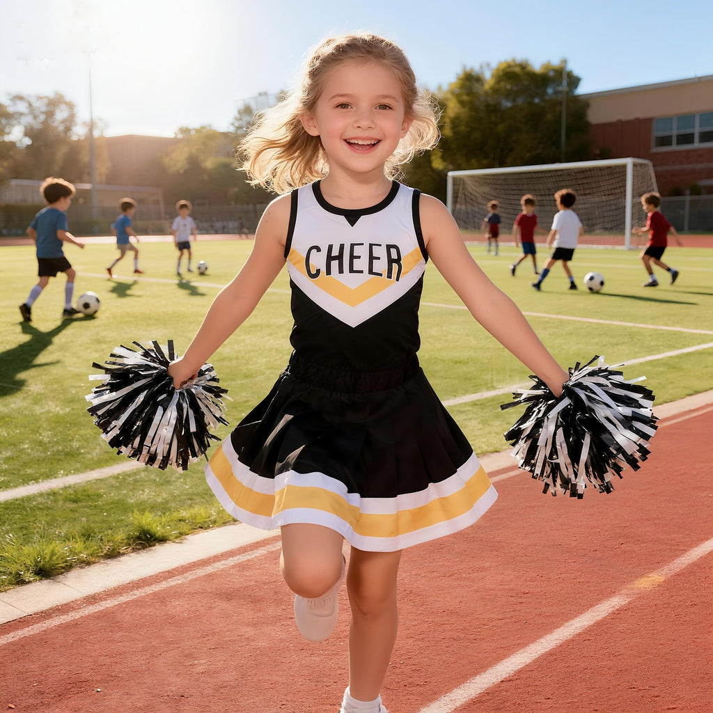 Girls Cheerleader Costume Set – Black & White Outfit with Pom Poms and Hair Bow for Halloween, Dress Up, and Cheerleading