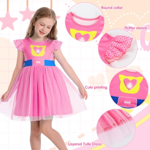 Girls Halloween Costume Dress – Tulle Mesh with Flutter Sleeves & Cat Pattern for Ages 3-10