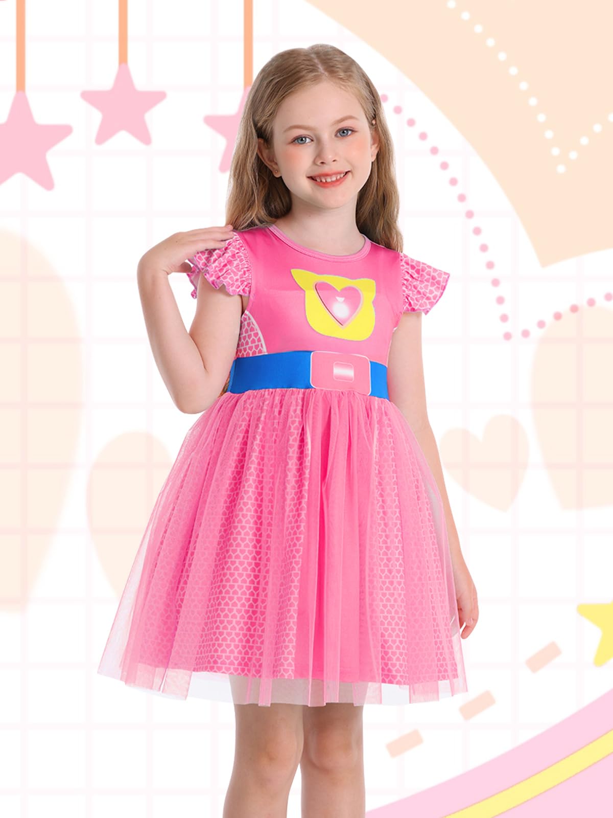 Girls Halloween Costume Dress – Tulle Mesh with Flutter Sleeves & Cat Pattern for Ages 3-10