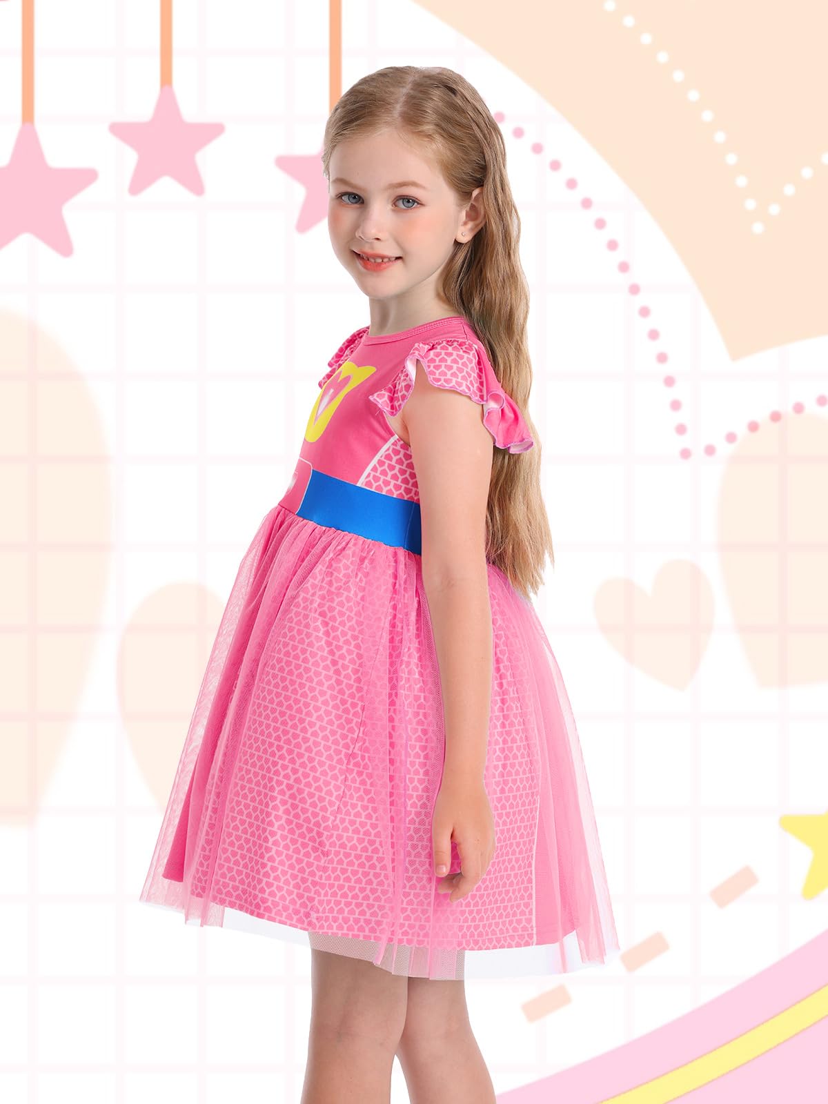 Girls Halloween Costume Dress – Tulle Mesh with Flutter Sleeves & Cat Pattern for Ages 3-10