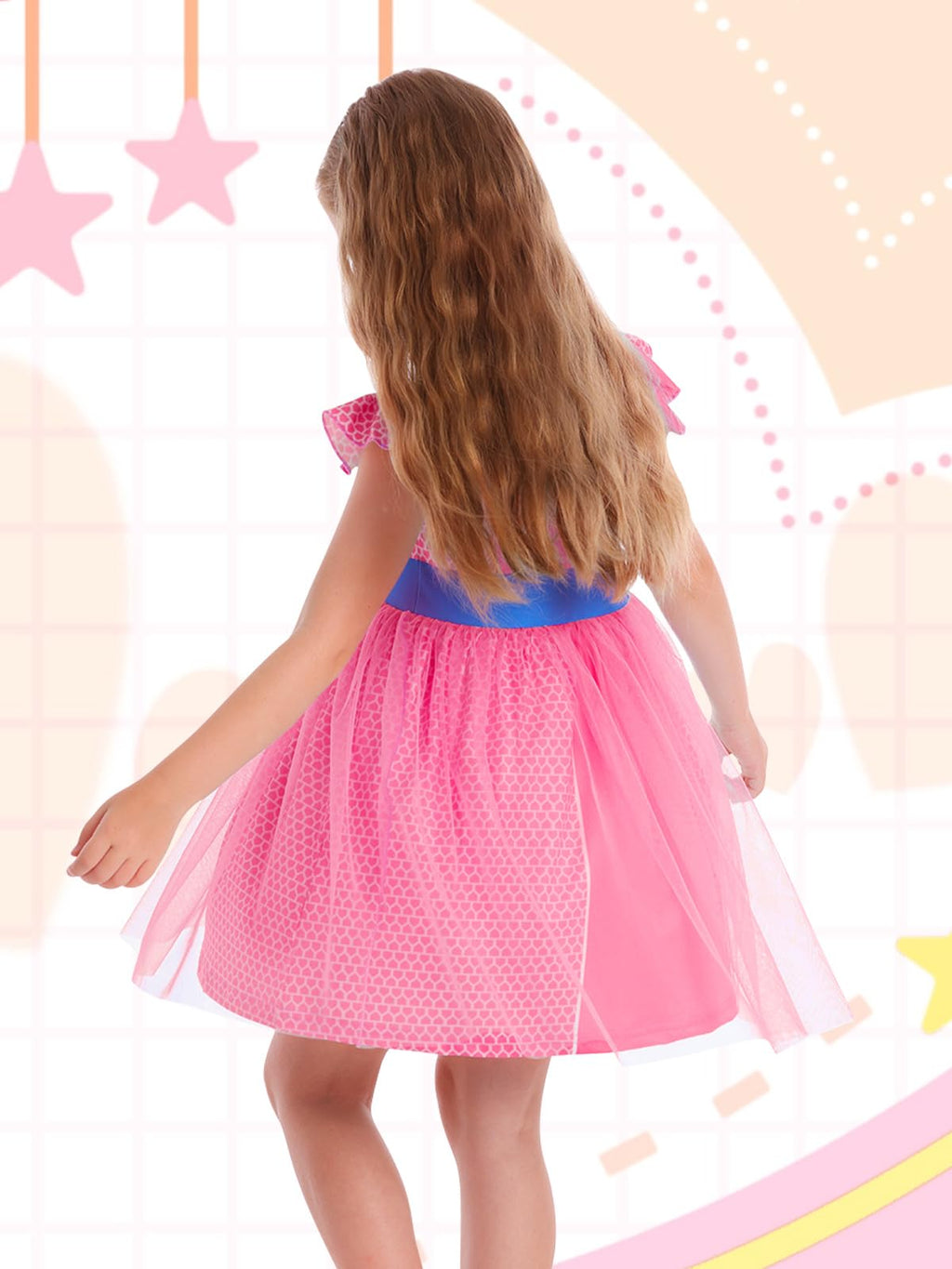Girls Halloween Costume Dress – Tulle Mesh with Flutter Sleeves & Cat Pattern for Ages 3-10