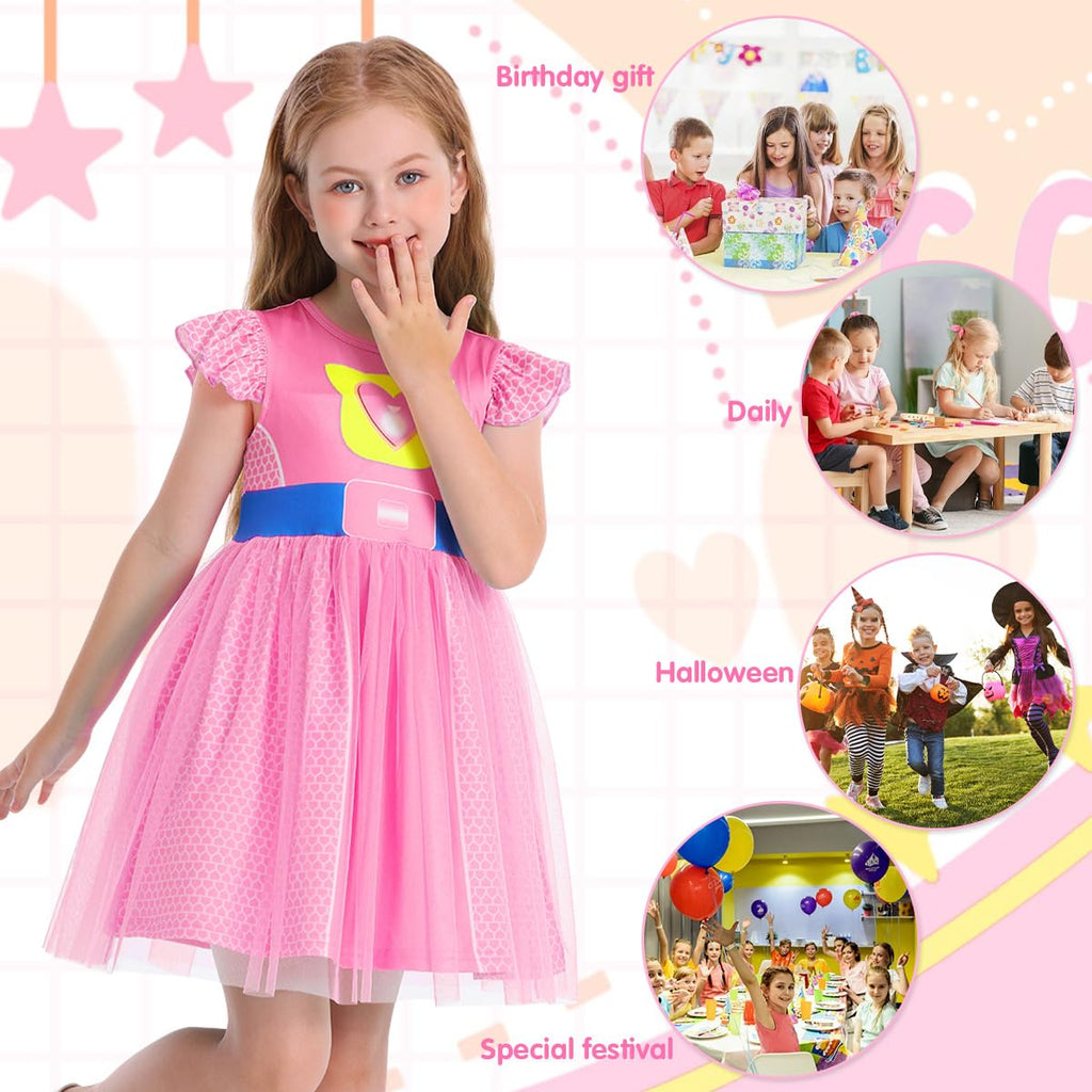 Girls Halloween Costume Dress – Tulle Mesh with Flutter Sleeves & Cat Pattern for Ages 3-10
