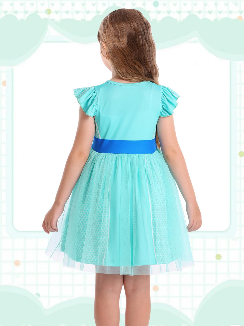 Girls Halloween Costume Dress with Tulle Mesh and Flutter Sleeve - Cat Pattern, Machine Washable, for Ages 3-10