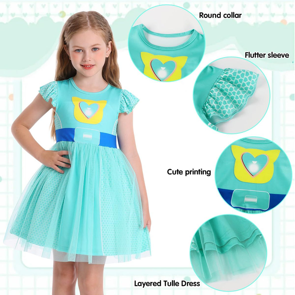 Girls Halloween Costume Dress with Tulle Mesh and Flutter Sleeve - Cat Pattern, Machine Washable, for Ages 3-10