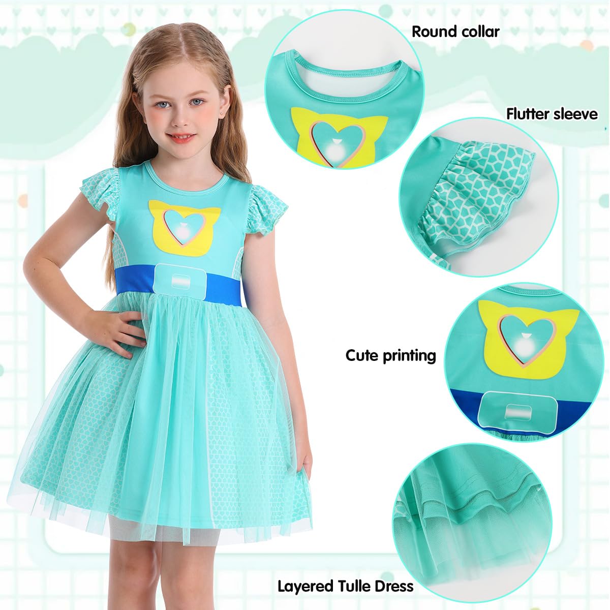 Girls Halloween Costume Dress with Tulle Mesh and Flutter Sleeve - Cat Pattern, Machine Washable, for Ages 3-10