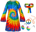 Girls Hippie Costume Set – 4-Piece 60s/70s Dress, Headband, Peace Necklace & Rainbow Sunglasses for Kids Ages 2-12