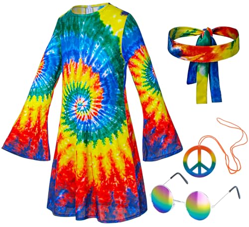 Girls Hippie Costume Set – 4-Piece 60s/70s Dress, Headband, Peace Necklace & Rainbow Sunglasses for Kids Ages 2-12