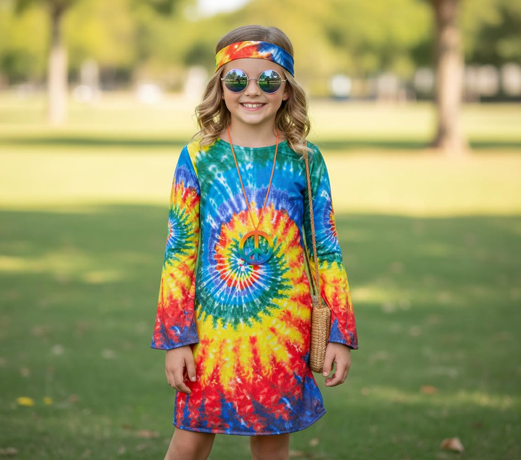 Girls Hippie Costume Set – 4-Piece 60s/70s Dress, Headband, Peace Necklace & Rainbow Sunglasses for Kids Ages 2-12