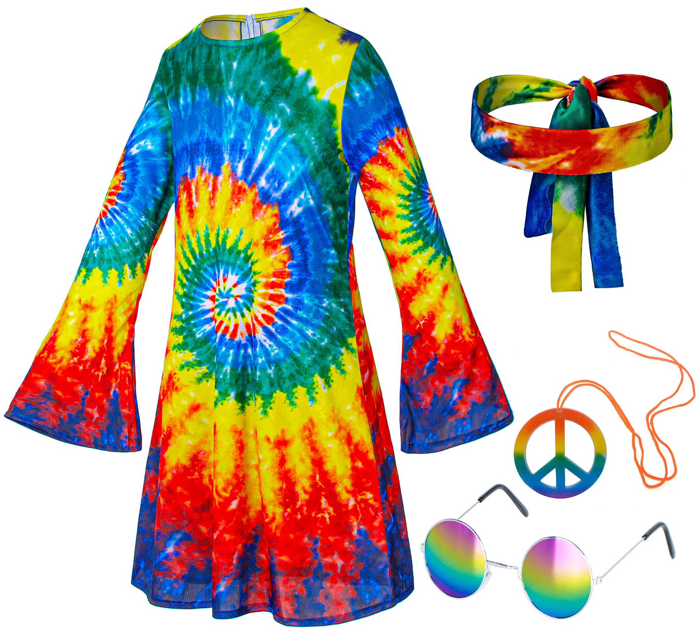Girls Hippie Costume Set – 4-Piece 60s/70s Dress, Headband, Peace Necklace & Rainbow Sunglasses for Kids Ages 2-12