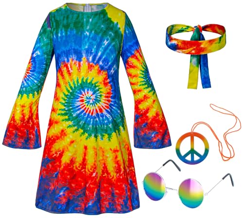 Girls Hippie Costume Set – 4-Piece 60s/70s Dress, Headband, Peace Necklace & Rainbow Sunglasses for Kids Ages 2-12