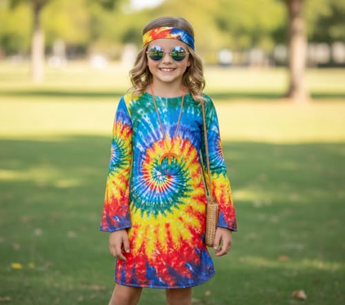 Girls Hippie Costume Set – 4-Piece 60s/70s Dress, Headband, Peace Necklace & Rainbow Sunglasses for Kids Ages 2-12