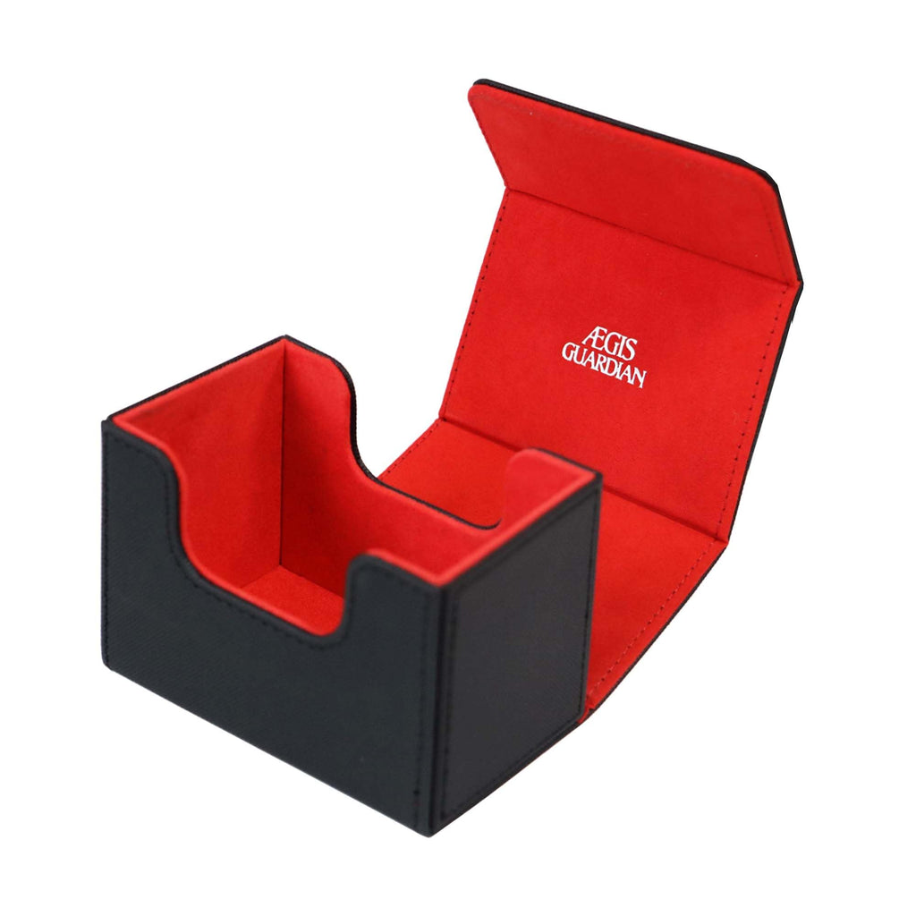 ÆGIS GUARDIAN Card Deck Box for MTG – Leather Commander Deck Case Holds 120+ Sleeved Cards, Strong Magnets, Red Interior