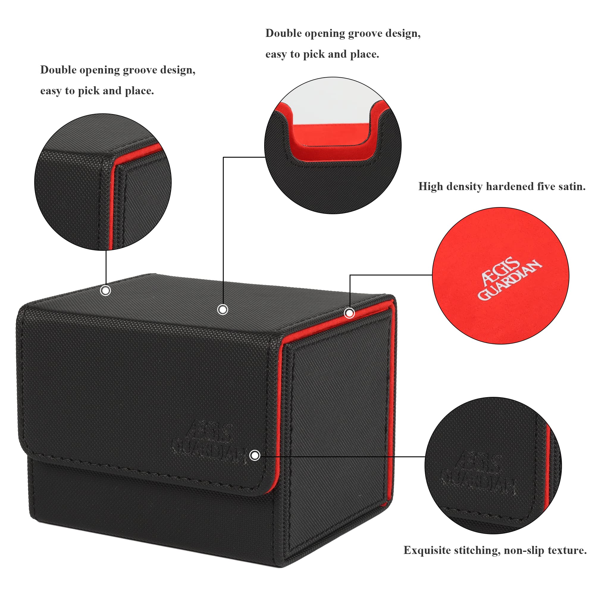 ÆGIS GUARDIAN Card Deck Box for MTG – Leather Commander Deck Case Holds 120+ Sleeved Cards, Strong Magnets, Red Interior