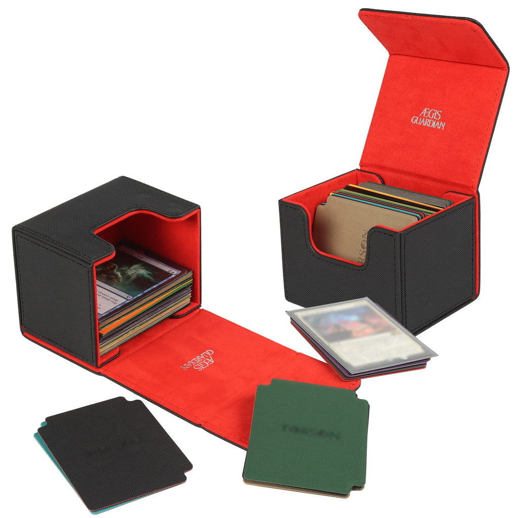 ÆGIS GUARDIAN Card Deck Box for MTG – Leather Commander Deck Case Holds 120+ Sleeved Cards, Strong Magnets, Red Interior