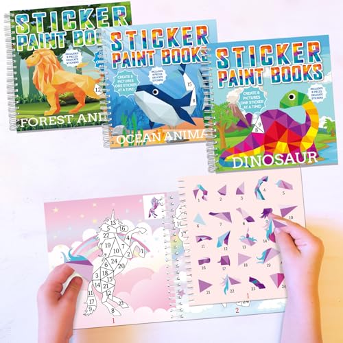 gisgfim 4 Pack Paint by Sticker Books – Dinosaur, Unicorn, Ocean & Forest Animals – 32 Pictures