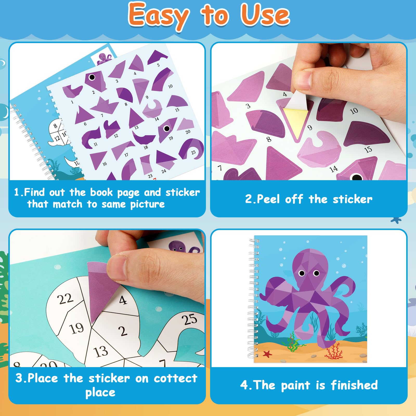 gisgfim 4 Pack Paint by Sticker Books – Dinosaur, Unicorn, Ocean & Forest Animals – 32 Pictures