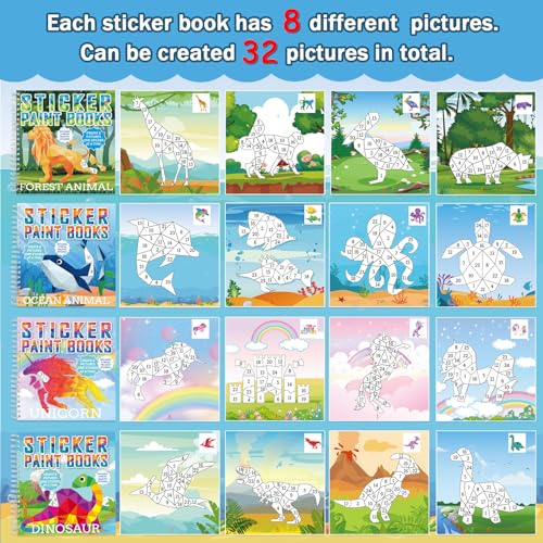 gisgfim 4 Pack Paint by Sticker Books – Dinosaur, Unicorn, Ocean & Forest Animals – 32 Pictures