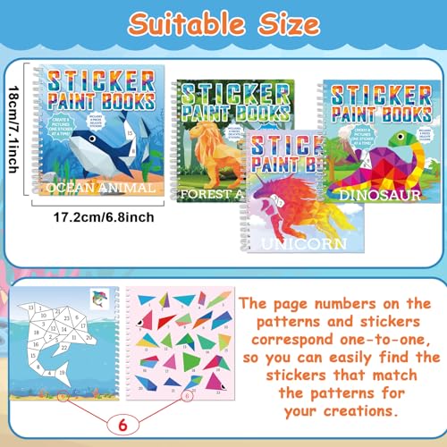 gisgfim 4 Pack Paint by Sticker Books – Dinosaur, Unicorn, Ocean & Forest Animals – 32 Pictures
