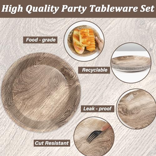gisgfim 48-Piece Rustic Wooden Tree Party Plates Set for Lumberjack Camping Hunting Themes